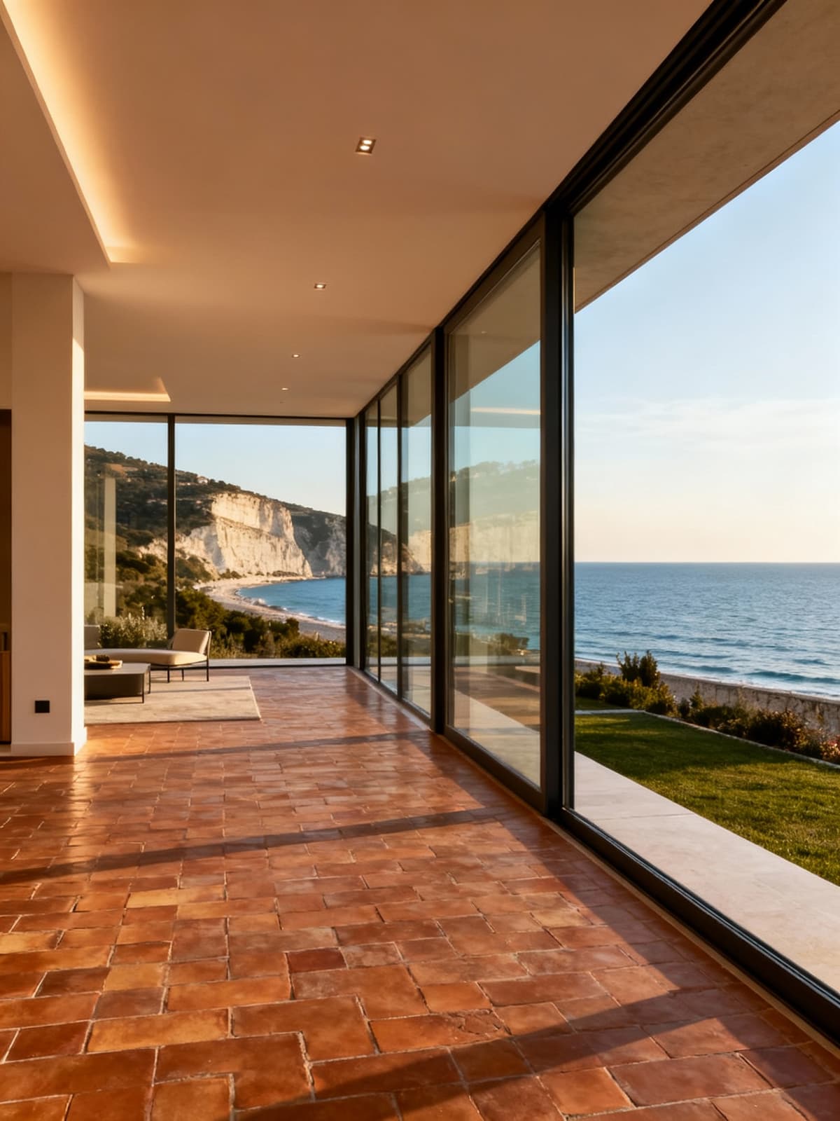 Ville esclusive sul mare Adriatico ad Ancona, architettura moderna con ampie vetrate e pavimenti in cotto, ambiente raffinato.