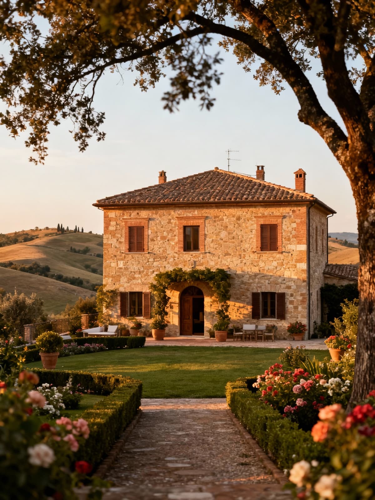 Rustico in pietra nelle colline marchigiane di Pesaro e Urbino, illuminato dal tardo pomeriggio, circondato da giardini curati.