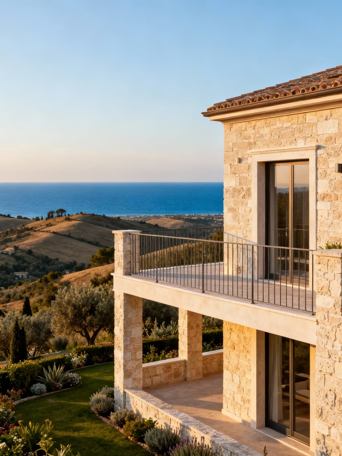 Villa di lusso tra colline e mare, in pietra calcarea, con vista sul mare Adriatico e giardino mediterraneo.