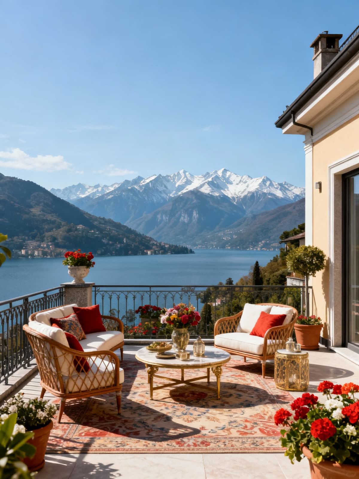 Stunning panoramic penthouse view of Lake Maggiore and the Piedmont Alps, featuring an elegant terrace in a serene landscape.