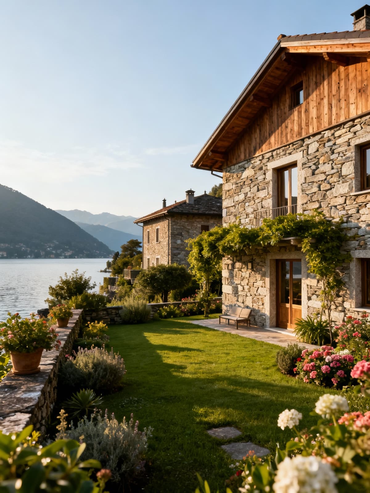 Charming rustic homes by the picturesque shores of Lake Maggiore, showcasing natural stone and wood harmony with vibrant gardens.
