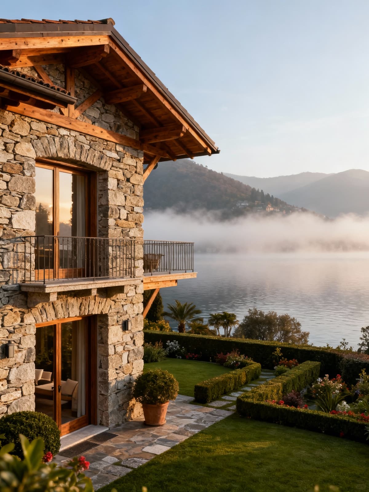 Exclusive villas on Lake Maggiore's shores, surrounded by lush gardens and breathtaking views, with a morning mist.