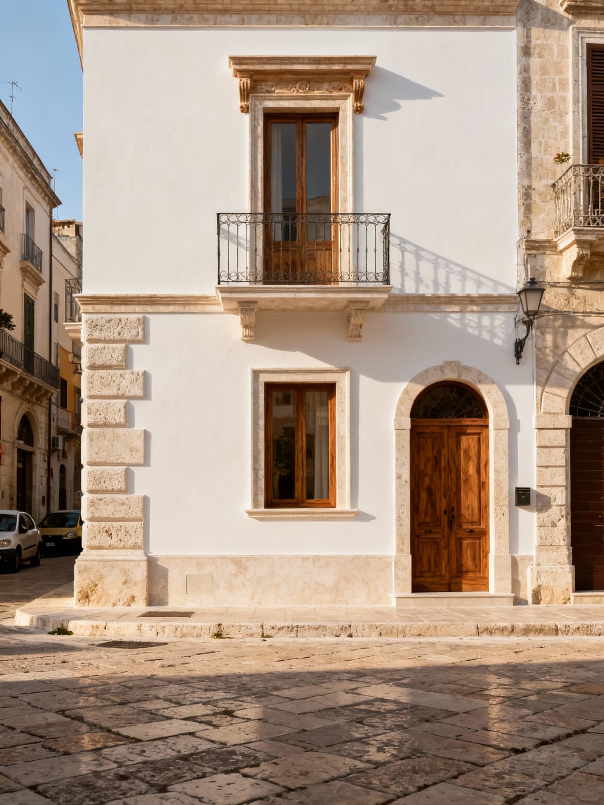 Case indipendenti a Bari, intonaco chiaro e dettagli in legno, immerse in un contesto urbano ricco di storia e luce mattutina.