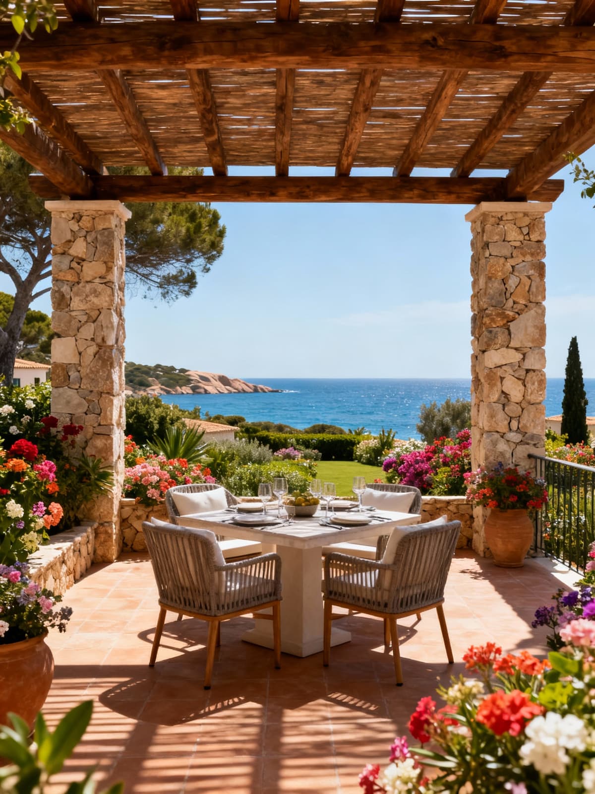 Villette a schiera di lusso nella Costa Smeralda, eleganza architettonica, vista mare, giardini fioriti e terrazze arredate.