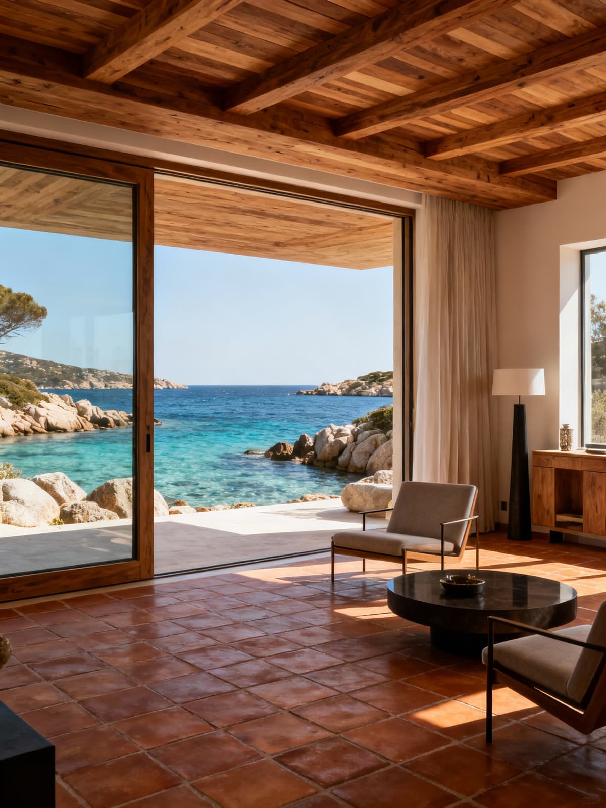 Appartamento di lusso a Porto Cervo con vista sul mare turchese, arredi in legno naturale e dettagli in cotto caldo.