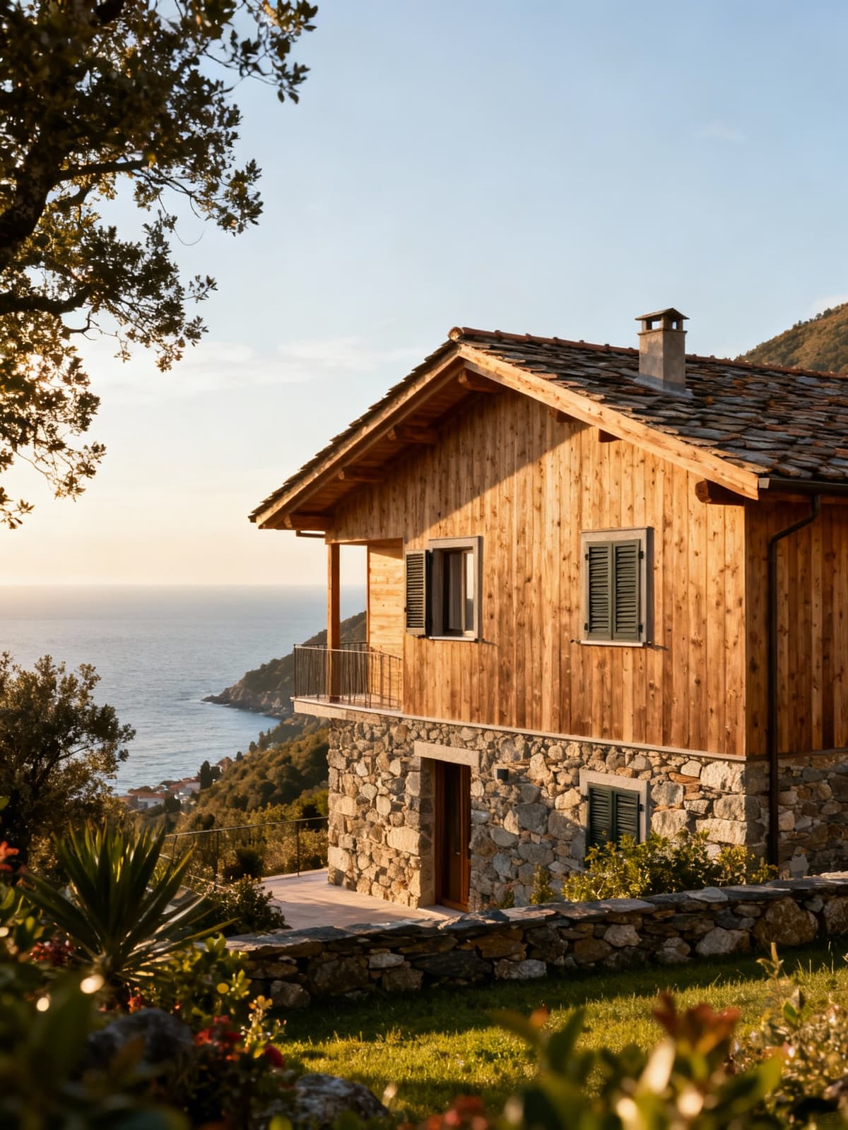 Case indipendenti immerse nel suggestivo paesaggio tra il mare di La Spezia e le colline liguri al mattino.
