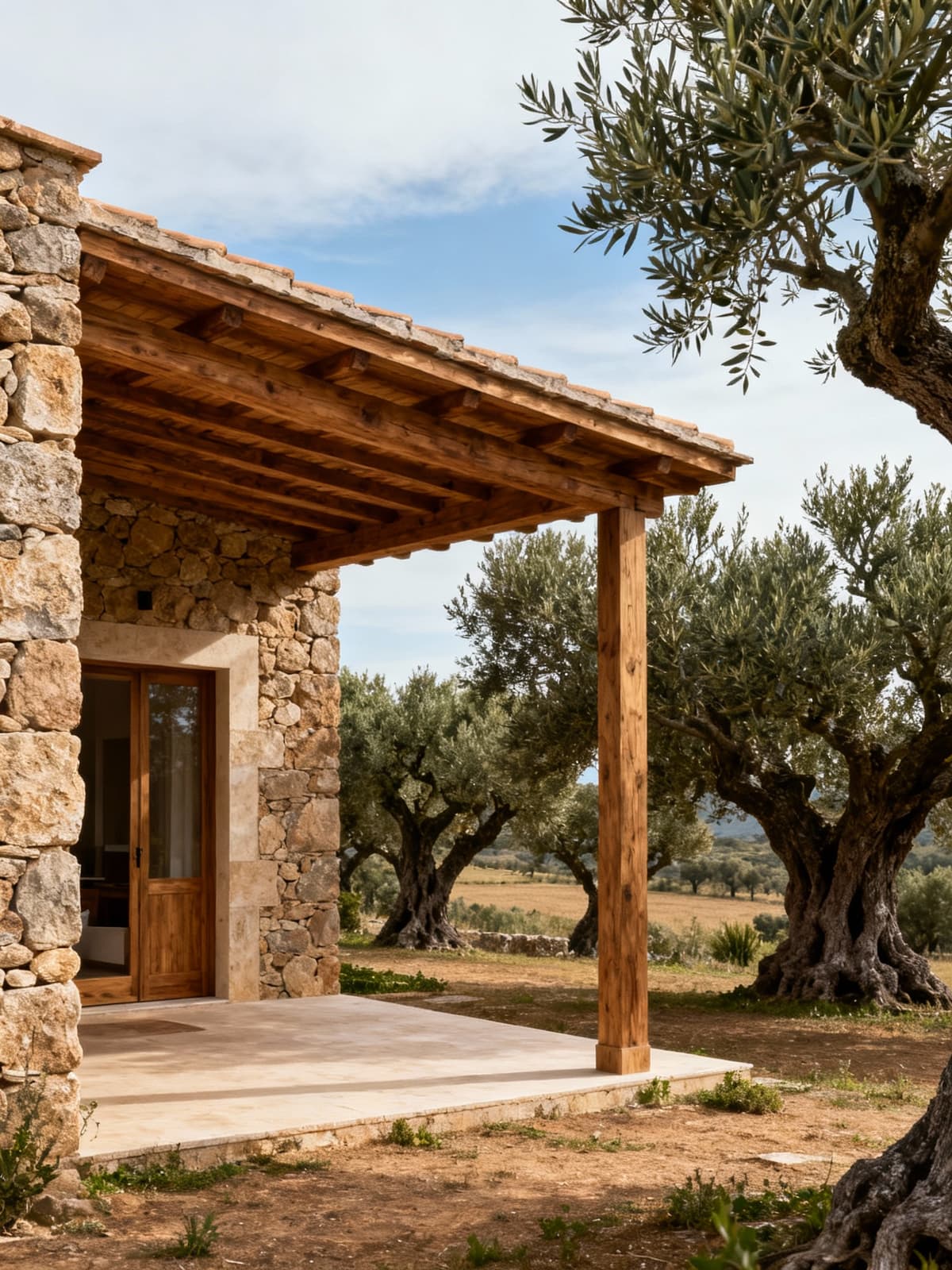 Charming stone farmhouse amidst ancient olive groves in Sardinian countryside, showcasing traditional architecture and serene outdoor spaces.