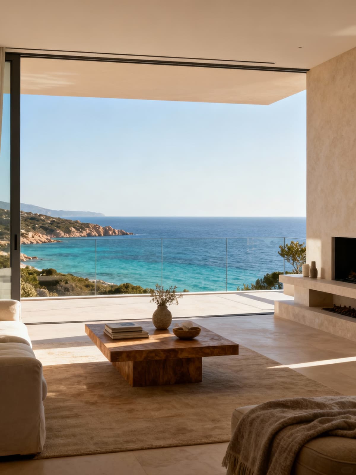Exclusive penthouse with breathtaking views of Sardinia's northern coast, featuring elegant interiors and morning light.