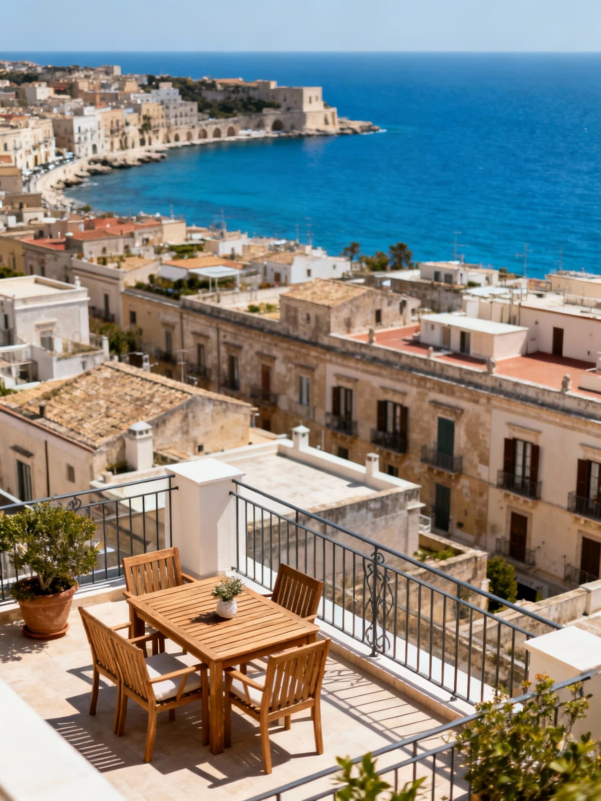 Exclusive penthouses in historic Syracuse overlooking the deep blue sea, featuring teak-furnished terraces, aerial view.
