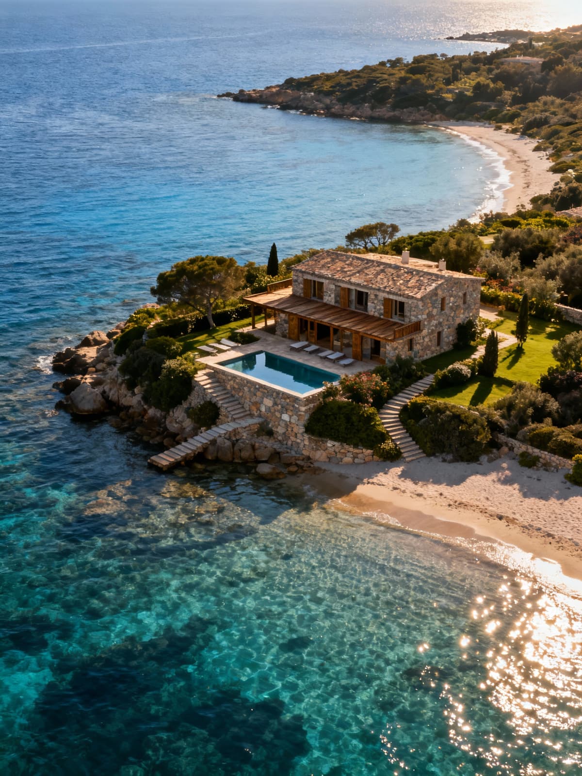 Exclusive villa in Porto Cervo surrounded by crystal-clear waters and stunning beaches, showcasing natural materials and lush gardens.