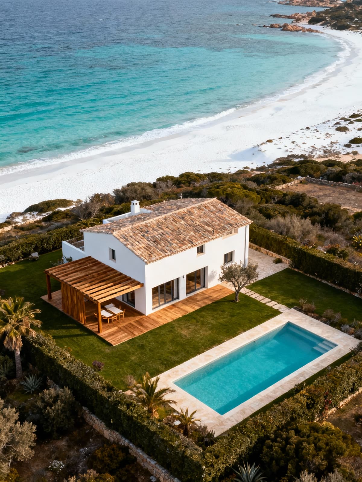 Exclusive villa amidst white beaches and turquoise waters in South Sardinia, showcasing natural wood details and a serene pool.