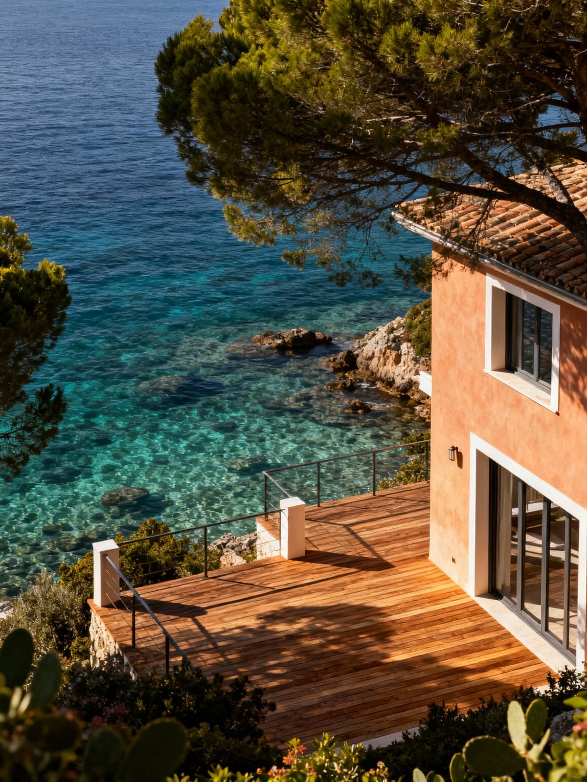 Ville di lusso sull'Isola d'Elba, con terrazze in legno affacciate su un mare cristallino, circondate da vegetazione vibrante.