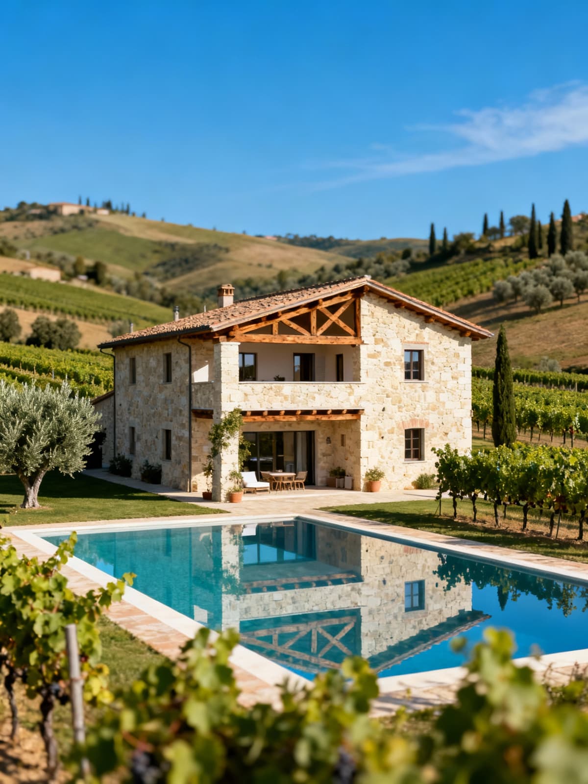 Case indipendenti tra le colline toscane, circondate da vigneti e uliveti, con piscina e pareti in pietra calcarea.