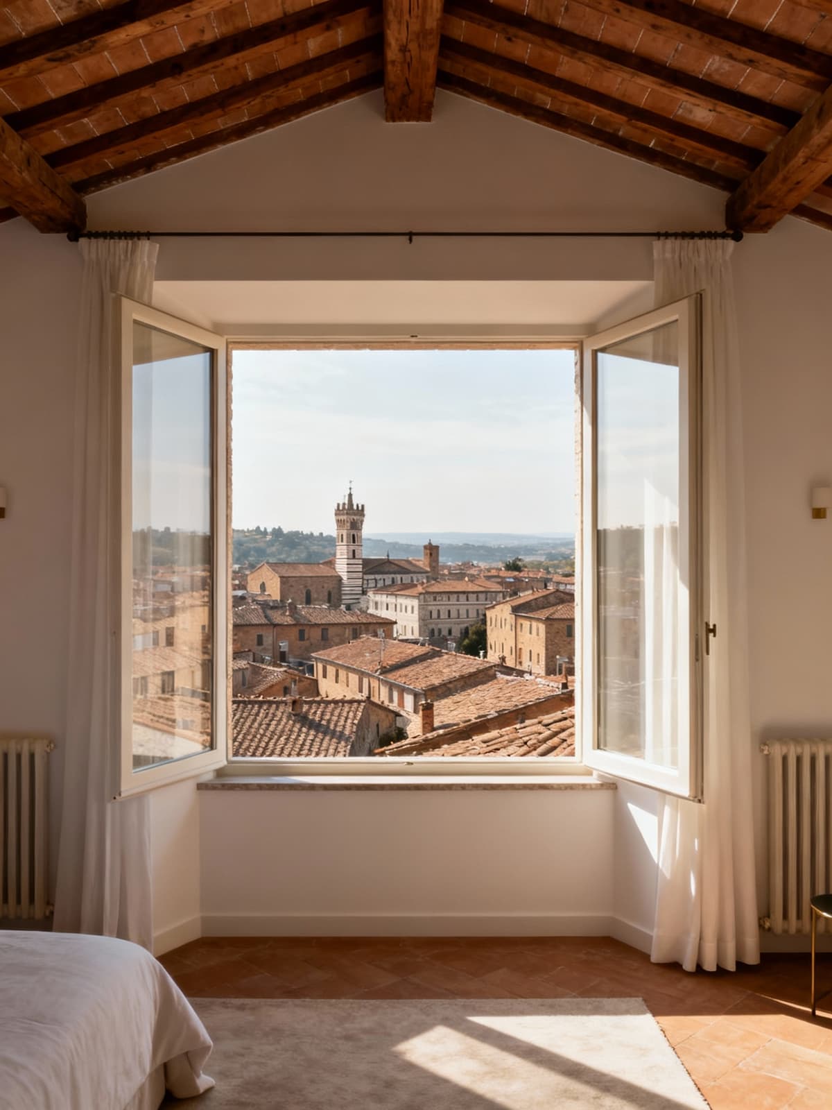 Attico esclusivo a Siena, vista panoramica su tetti medievali, finiture eleganti, architettura storica con legno e intonaco chiaro.