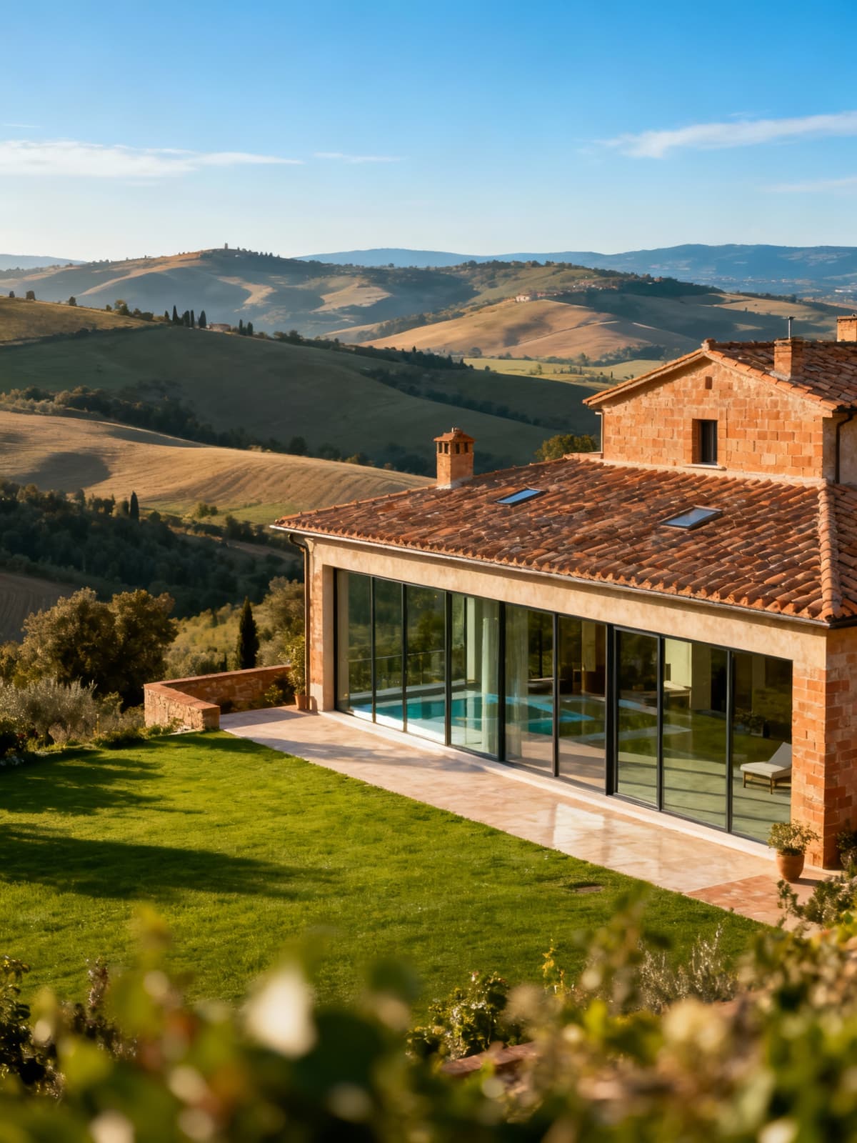 Luxury villas nestled among the gentle hills of Val d'Orcia, showcasing stunning natural colors in morning light.