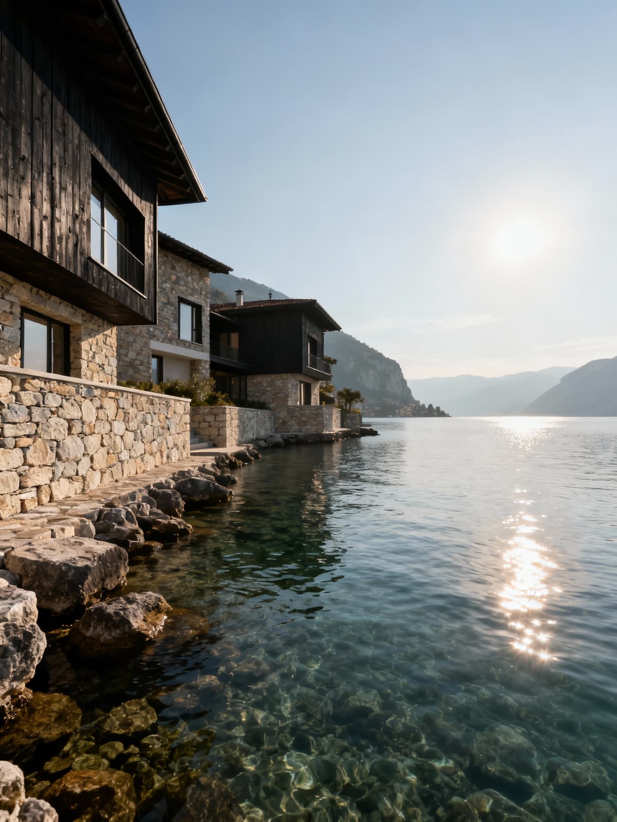 Appartamenti di lusso con vista panoramica sul Lago di Garda, eleganti facciate in pietra e legno sotto il sole mattutino.