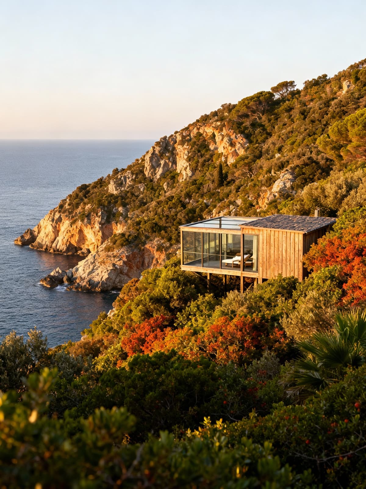 Alberghi di lusso immersi nella natura dell'Isola d'Elba con vista su mare e scogliere, avvolti da vegetazione vibrante.