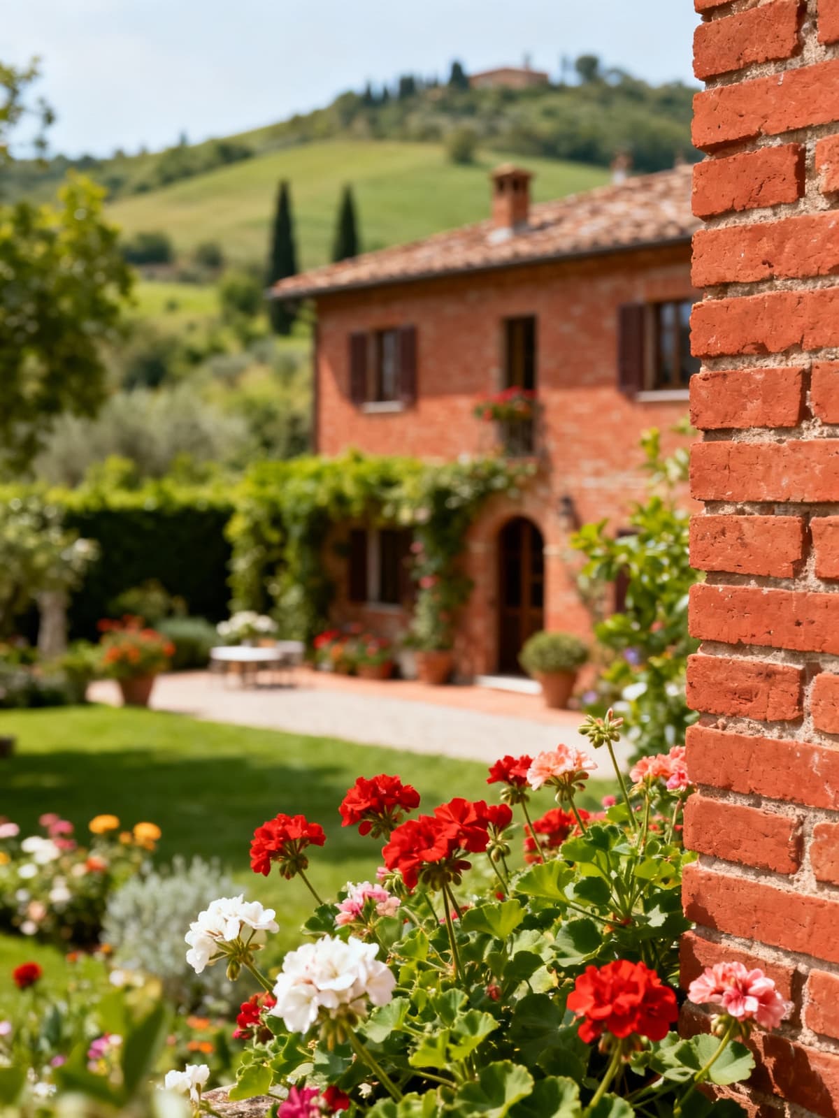 Agriturismi di charme tra le colline lucchesi, esterni in mattoni rossi e giardini fioriti, immersi nel verde toscano.