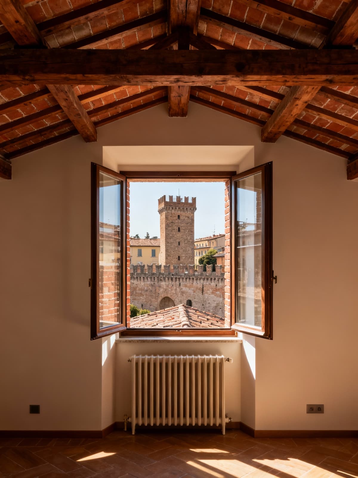 Attico esclusivo a Lucca con vista sulle storiche mura, luce mattutina e dettagli architettonici in un elegante stile toscano.