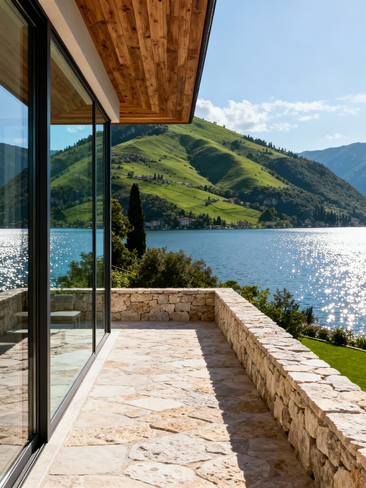 Exclusive villa overlooking Lake Garda, surrounded by lush hills and sparkling waters, showcasing elegant architecture and natural beauty.