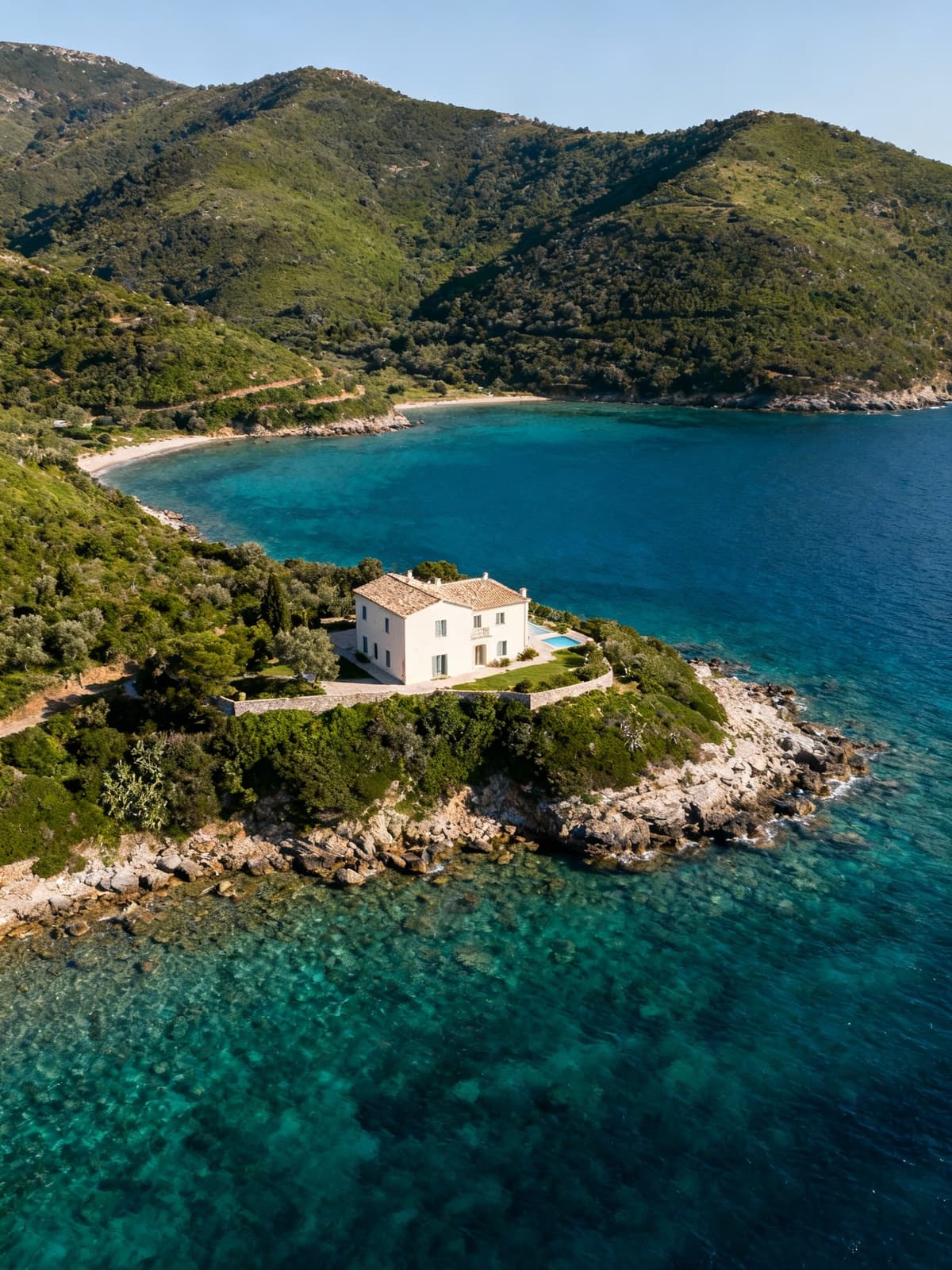 Case indipendenti affacciate sul mare e circondate da colline verdi nell'incantevole Isola d'Elba, vista aerea.