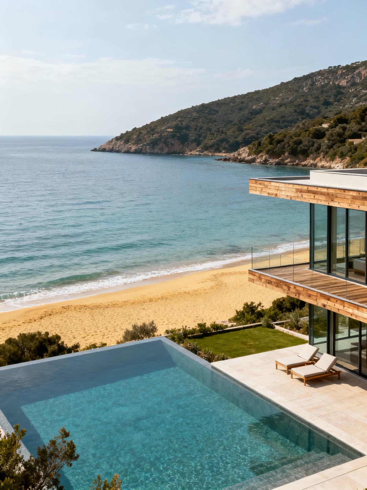 Appartamenti di lusso all'Isola d'Elba, moderni in vetro e legno, circondati da spiagge dorate e natura incantevole.