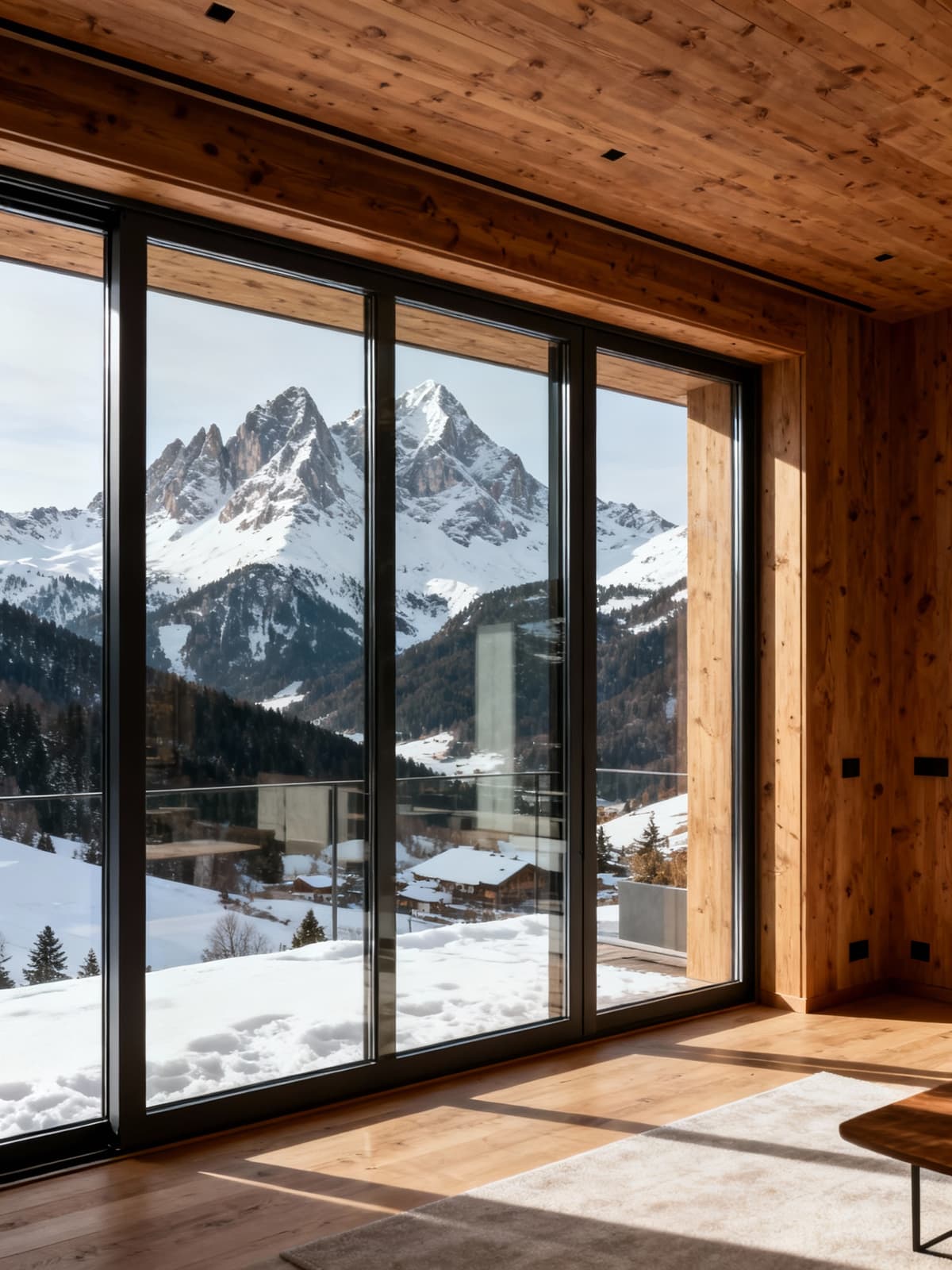 Appartamento di lusso a Madonna di Campiglio con vetrate panoramiche e interni in legno, circondato da cime innevate.