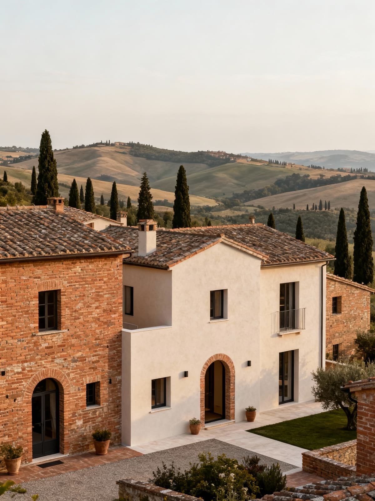 Exclusive terraced houses in picturesque Val d'Orcia, showcasing stunning views of Tuscan hills and cypress trees.