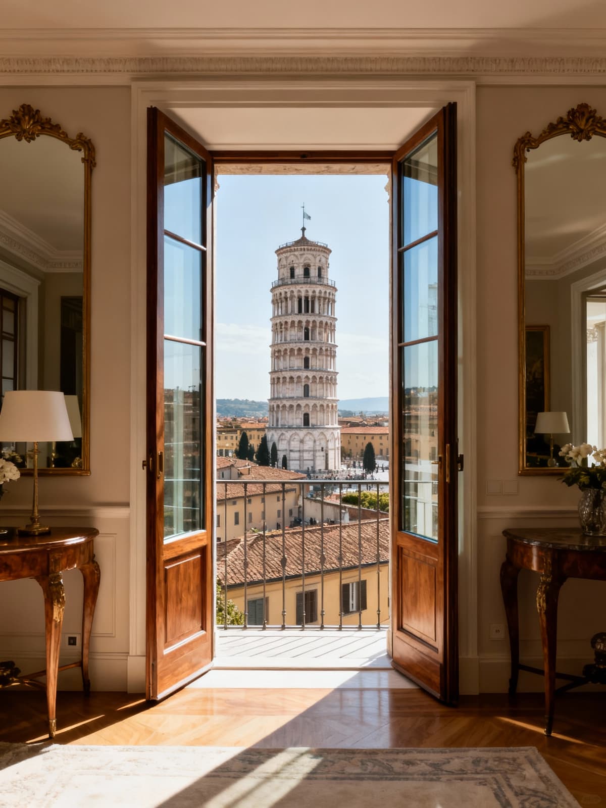Appartamenti di lusso a Pisa nel centro storico, vista sulla Torre Pendente, eleganti dettagli in legno e vetro.