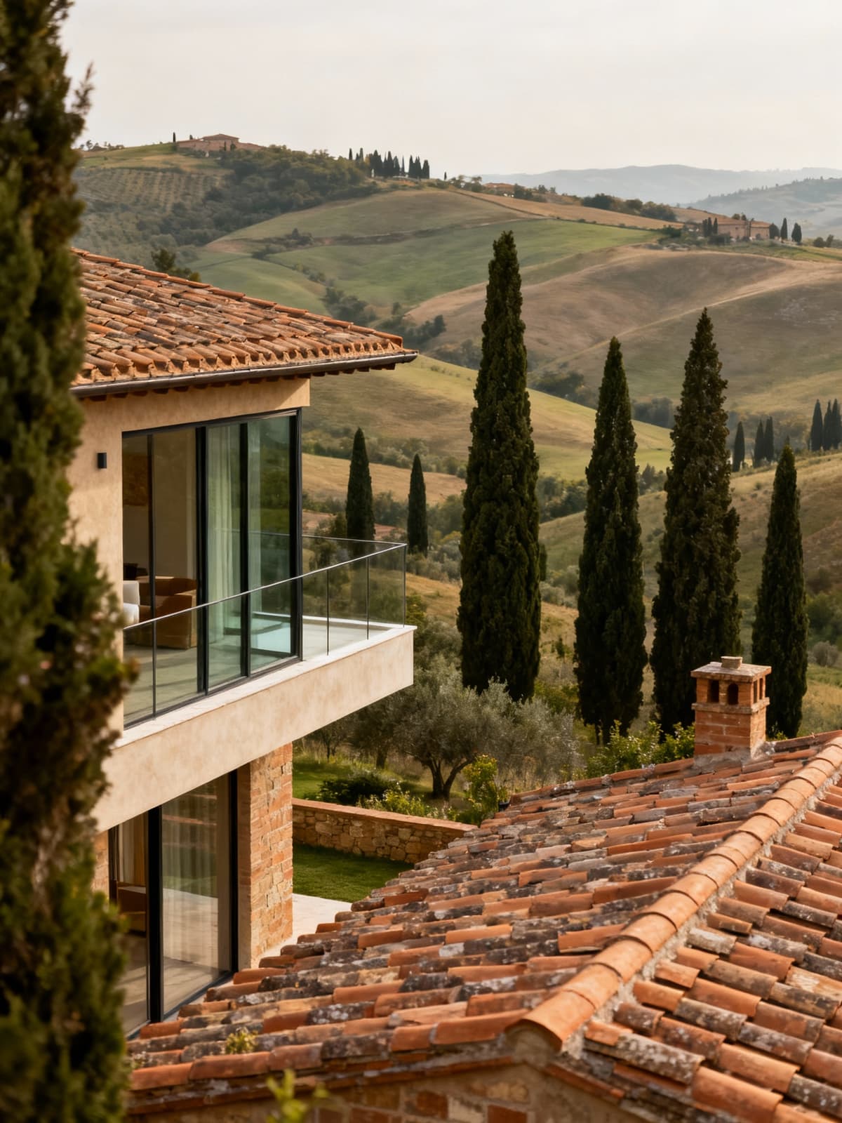 Appartamento di lusso nella Val d'Orcia, incorniciato da cipressi e colline, con architettura in cotto e vetro.