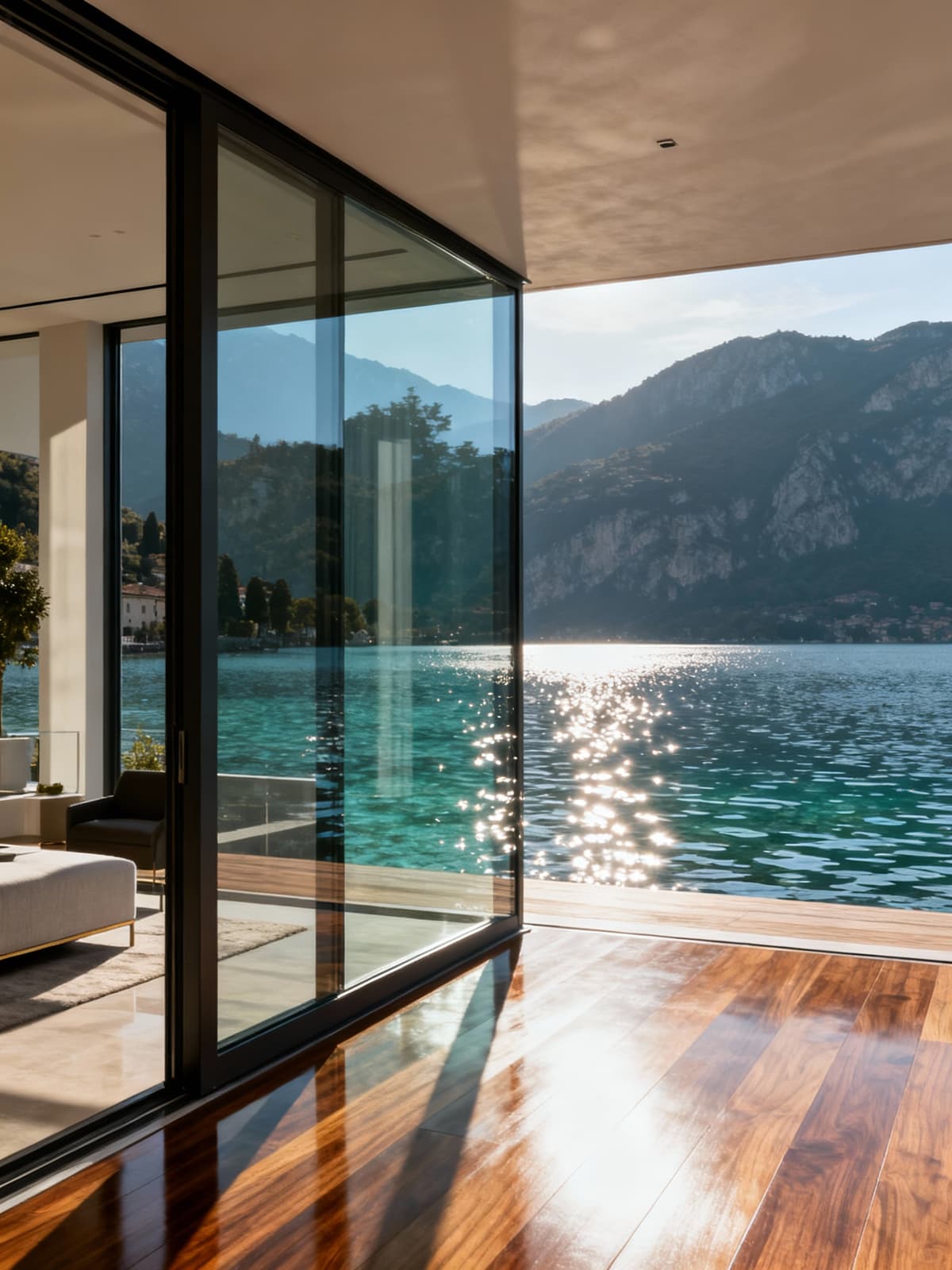 Exclusive apartment overlooking the pristine waters of Lake Garda, showcasing modern glass and wood finishes in a serene morning light.