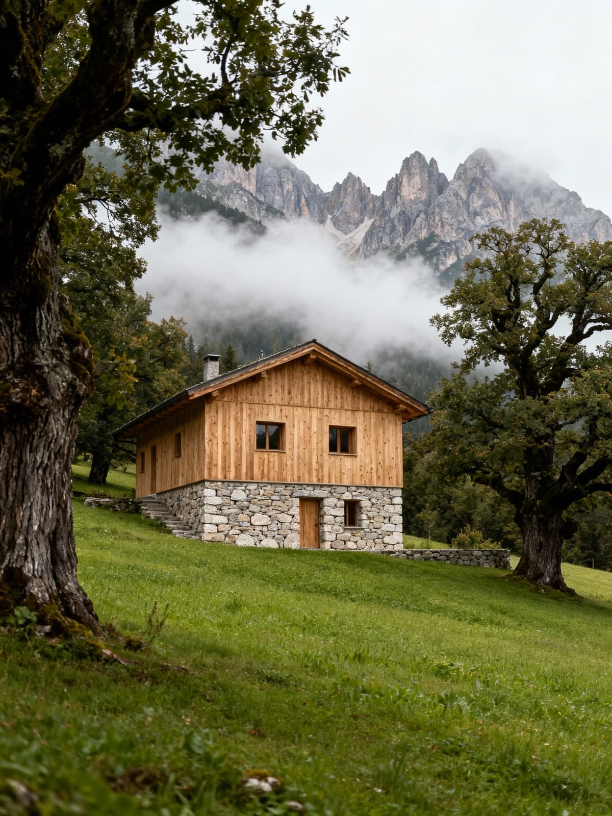 Charming rustic farmhouse nestled in the serene mountains of Trentino-Alto Adige, surrounded by ancient trees and lush meadows.