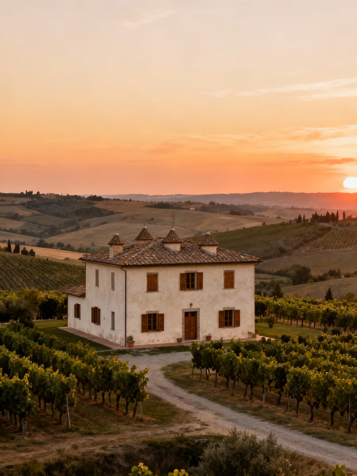 Case indipendenti nella suggestiva Val d'Orcia, facciata chiara, vigneti, tramonto caldo, dettagli autentici e caratteristici.