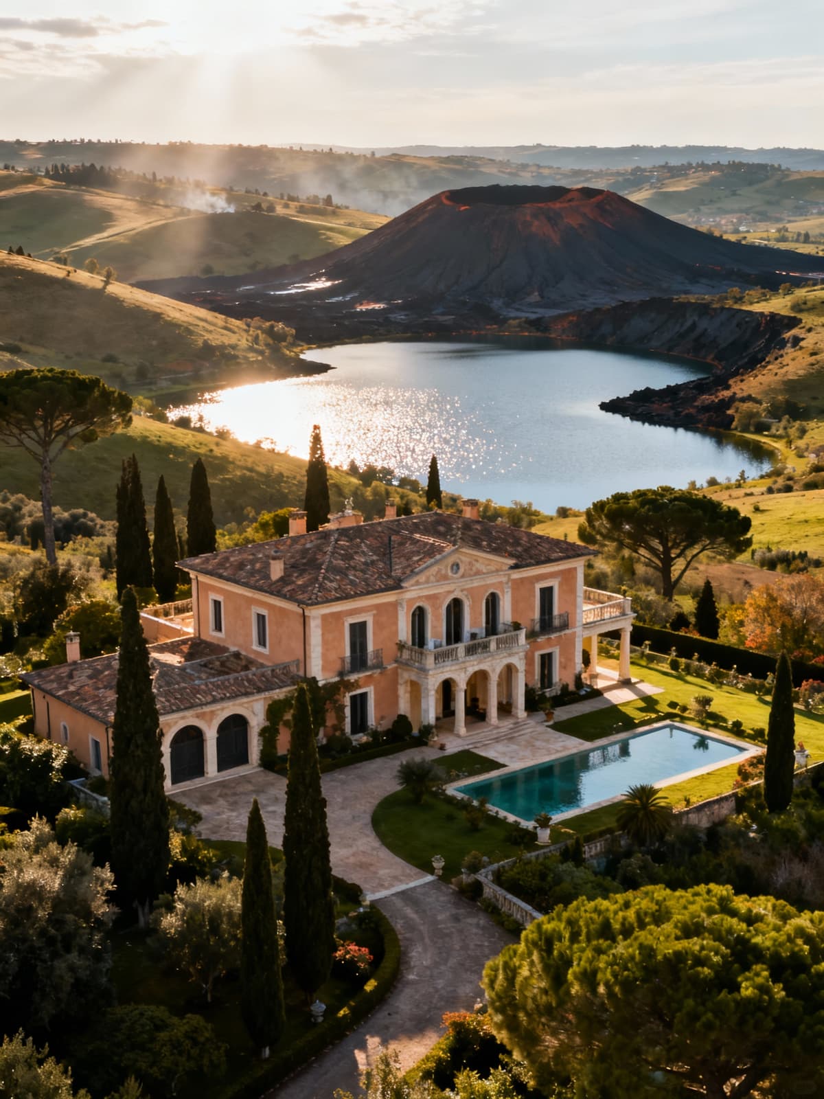 Exclusive luxury villas in Liguria nestled between the sea and mountains, illuminated by morning light amidst scenic lakes and lush trees.
