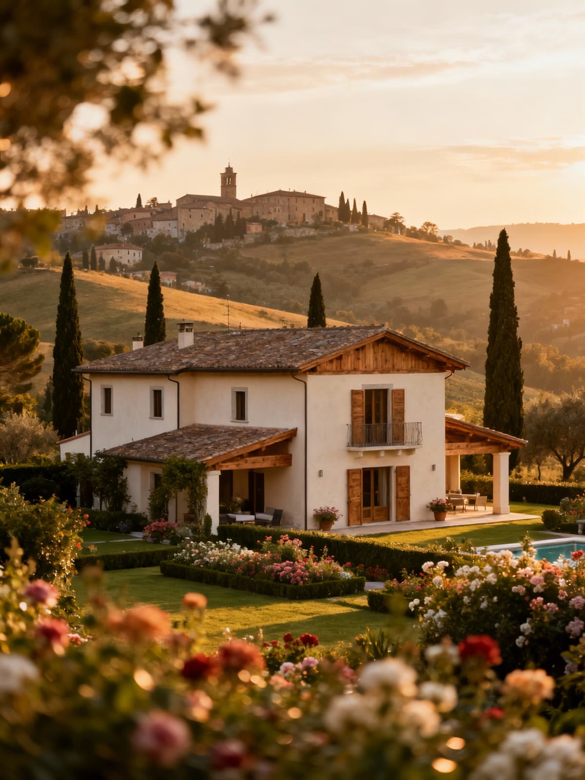 Prestigious villa in the hills of Marche, blending with historic towns, featuring natural light, gardens, and cypress trees.