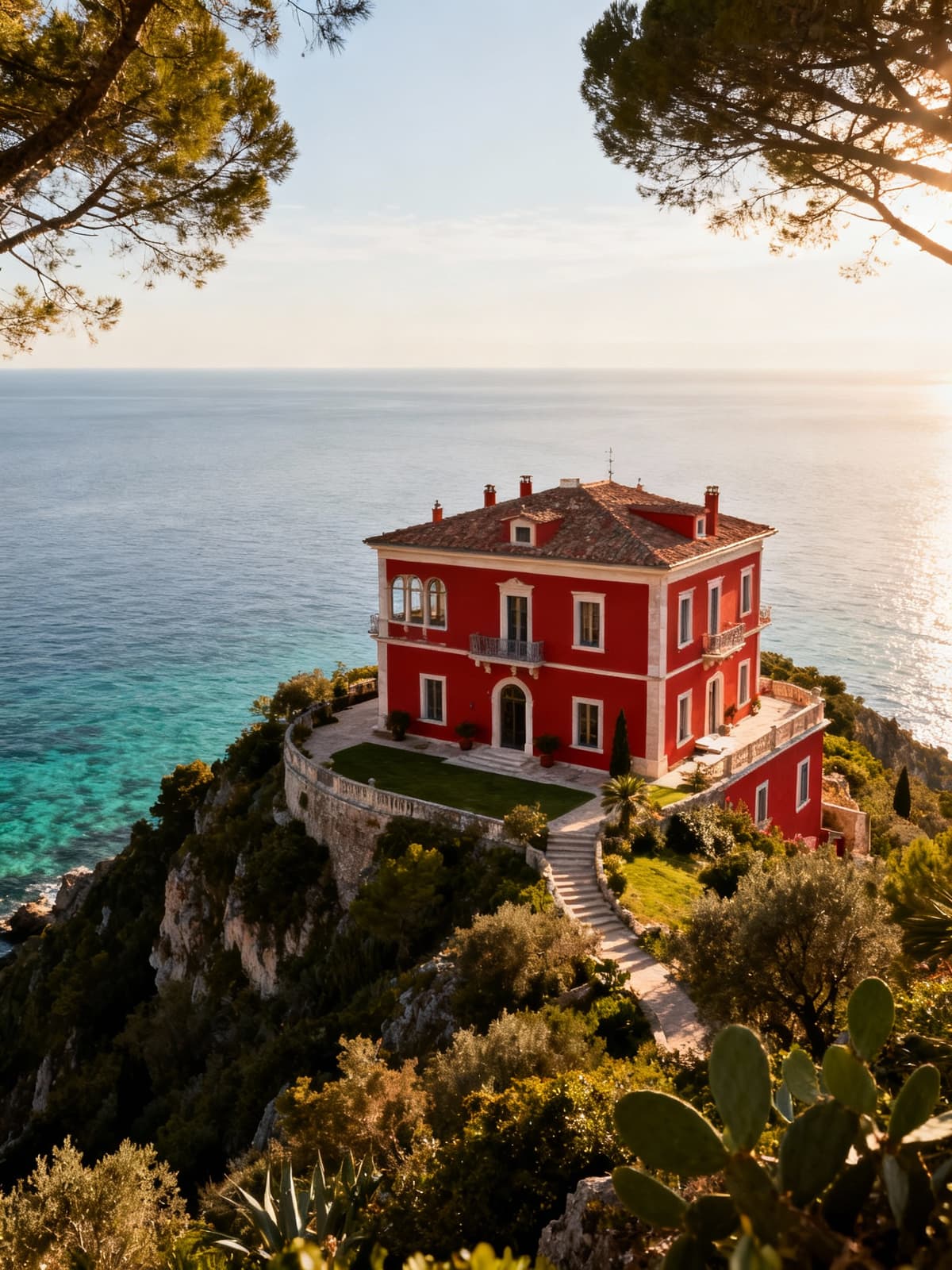 Exclusive villa with red tiles on a cliff, overlooking crystal-clear sea and breathtaking coastline in the Marche region.