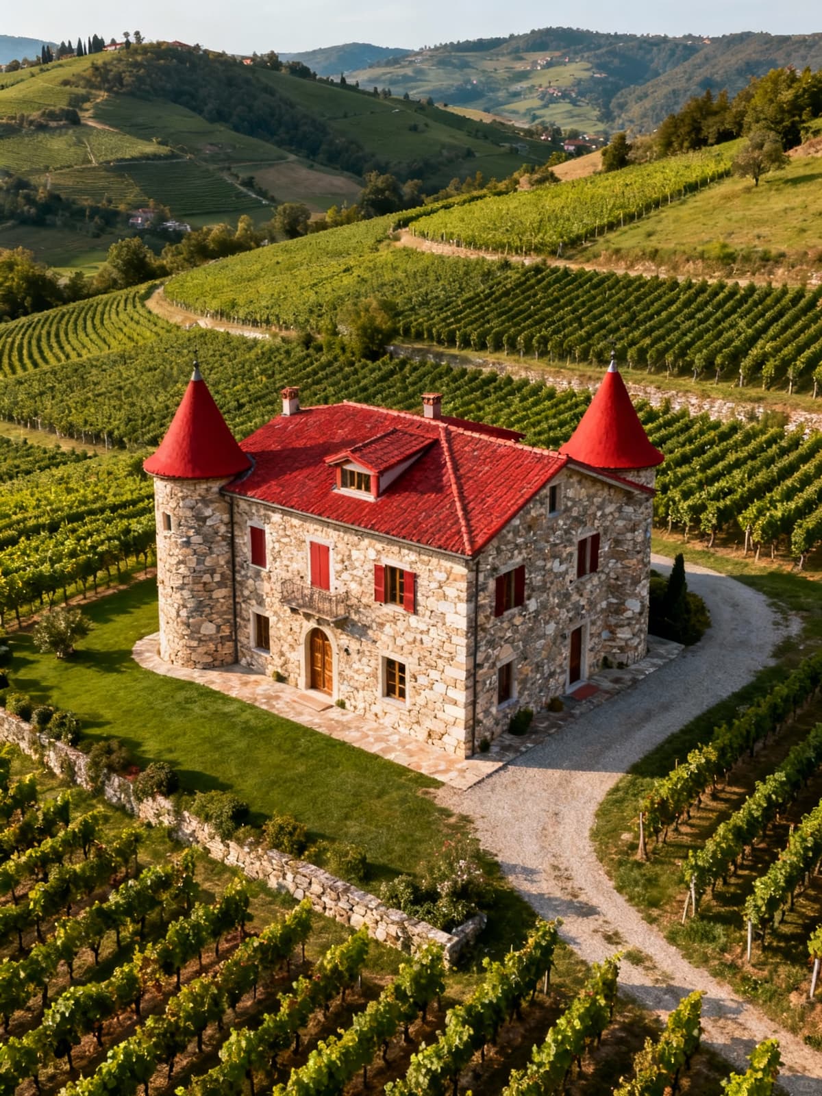 Charming Piedmont rustic house with stone walls and red tile roof, surrounded by lush vineyards and green hills.