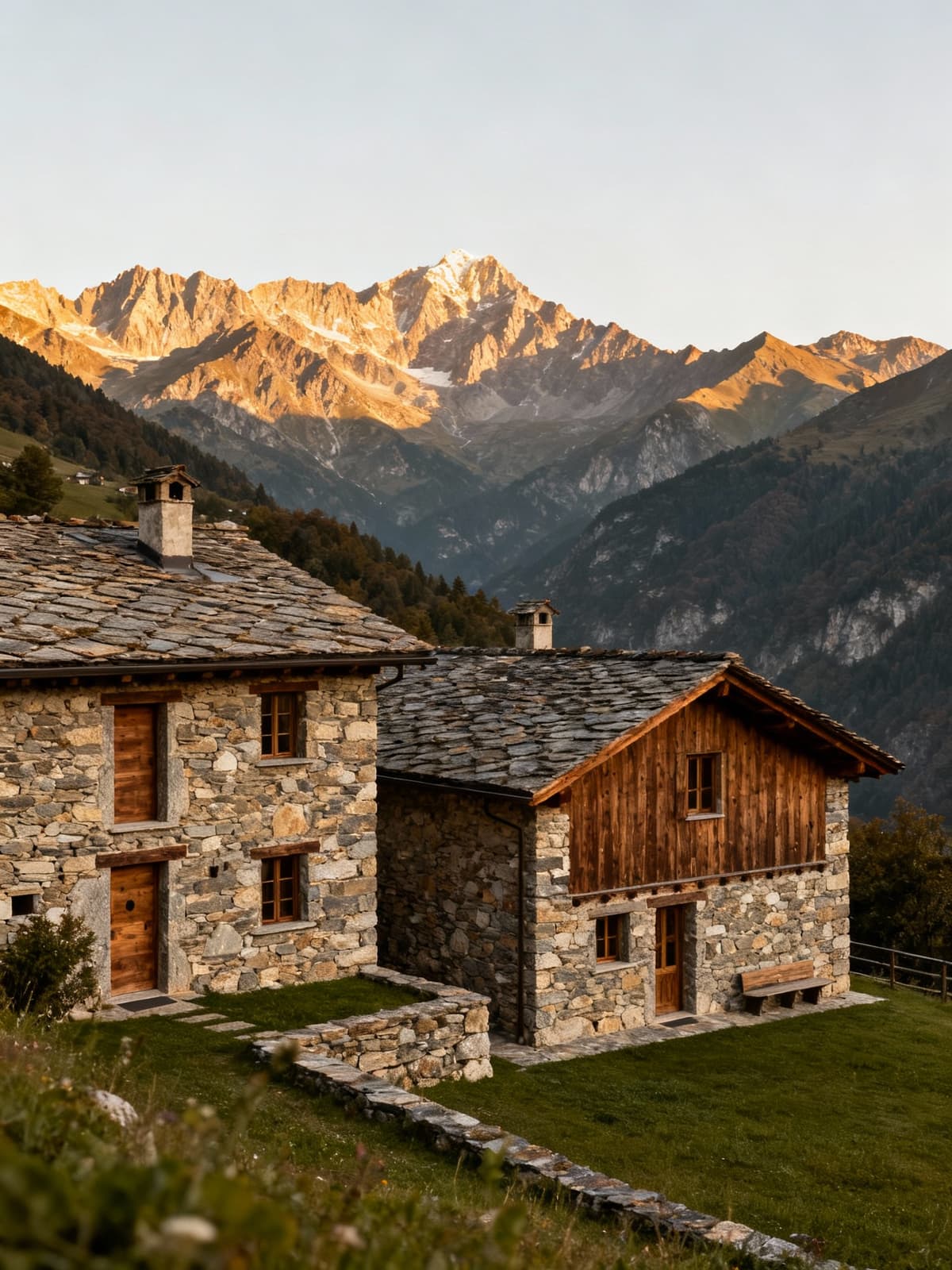 Charming rustic homes nestled among the majestic Piedmont mountains, showcasing natural stone and wood architecture.