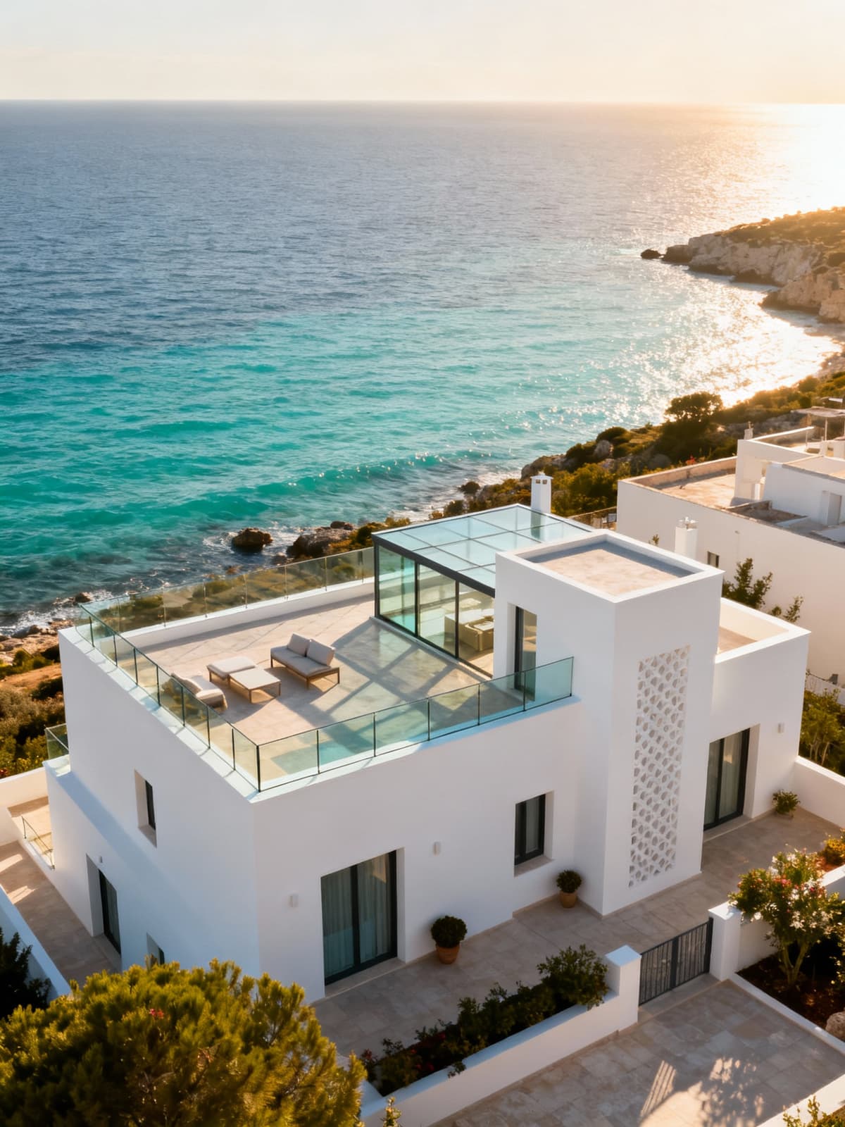 Luxurious apartment overlooking the crystal-clear Puglia coastline, featuring white plaster finishes and glass details under morning sunlight.