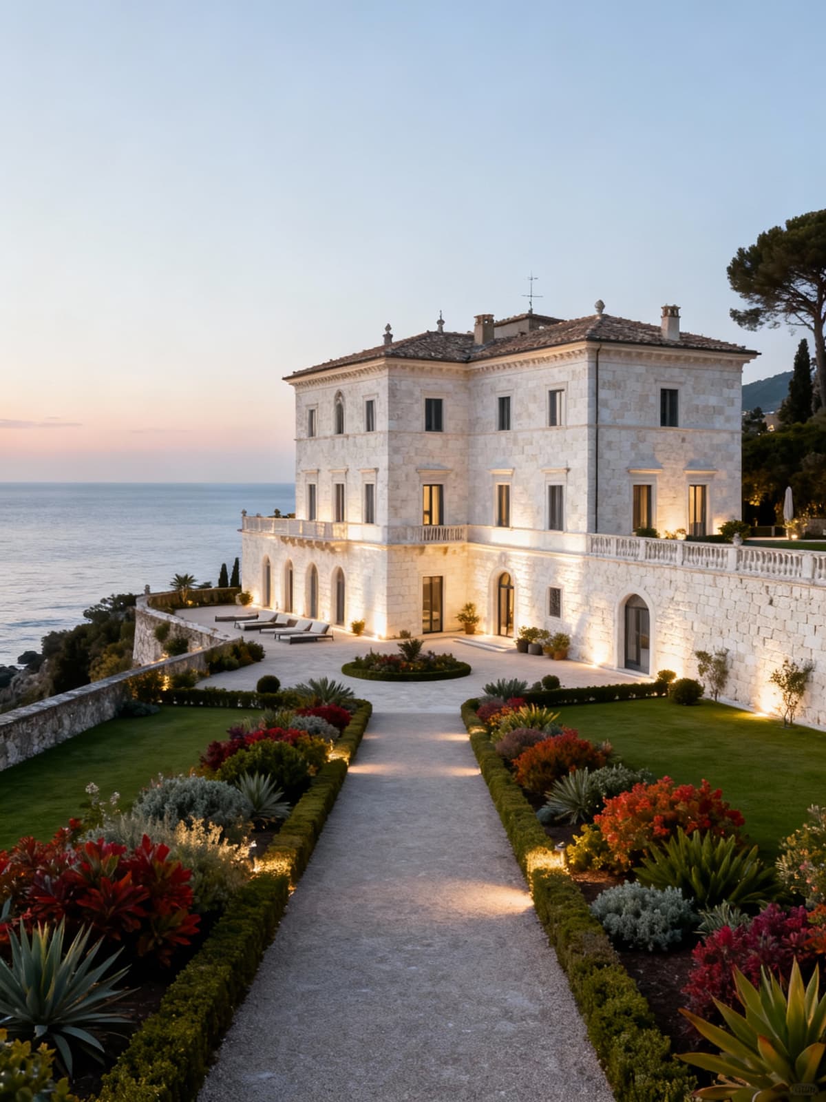 Attico panoramico nella campagna toscana, elegante palazzo aristocratico con giardino fiorito sotto l'alba.