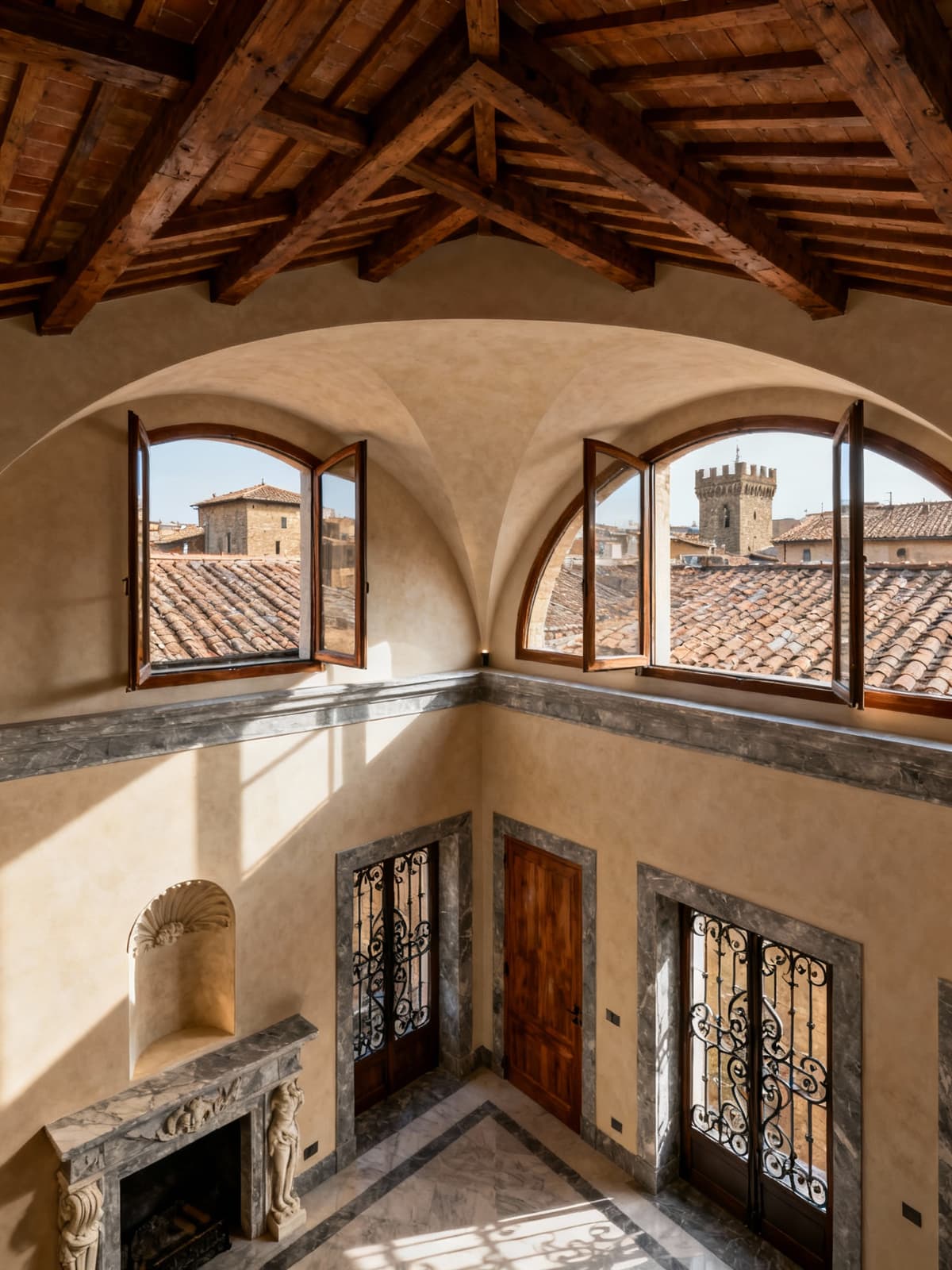Exclusive penthouse in historic Tuscan city, showcasing unique architectural details and medieval rooftops, bathed in morning light.