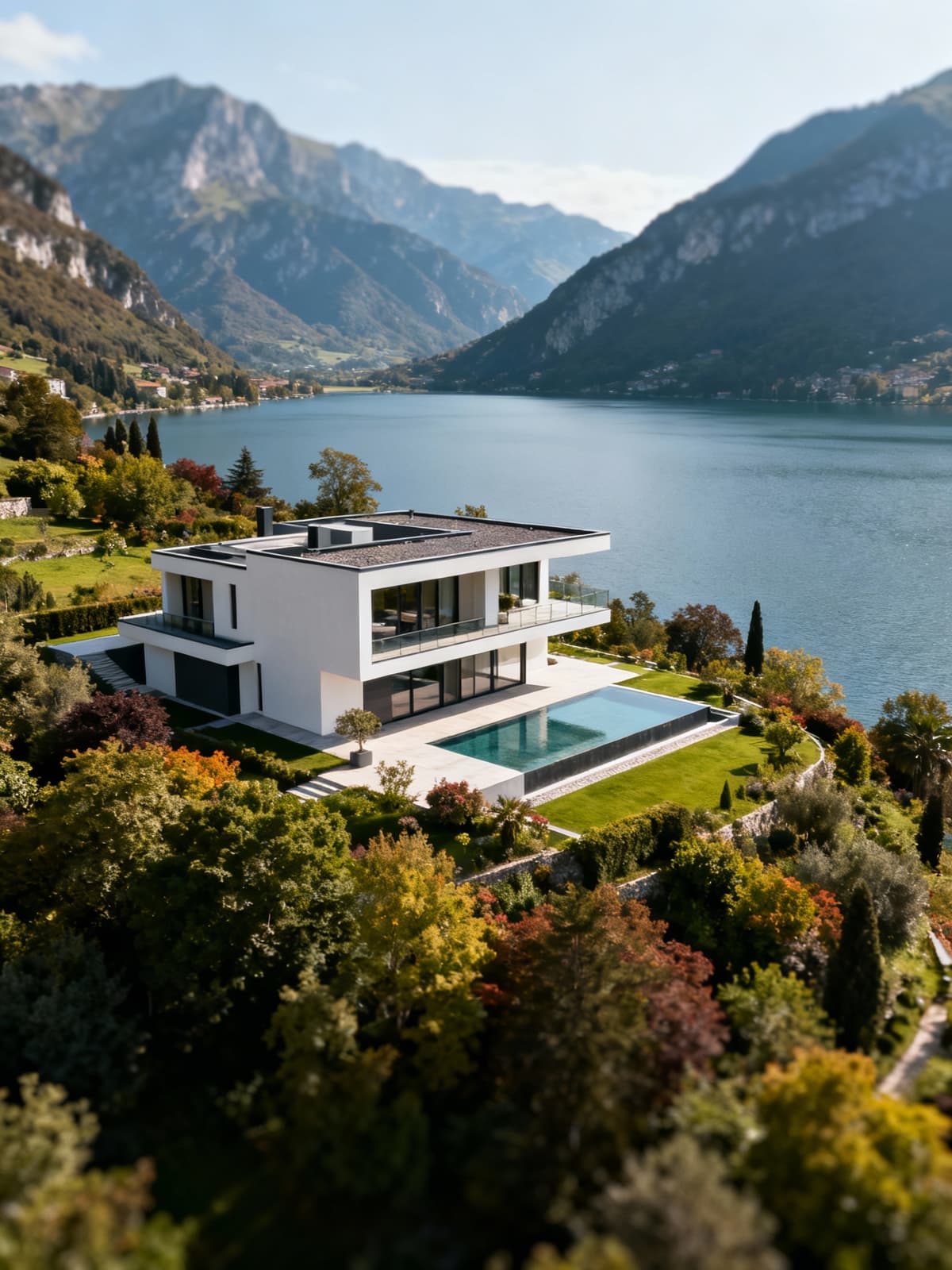 Luxury apartments overlooking the lakes nestled among the mountains of Trentino-Alto-Adige, featuring contemporary architecture.