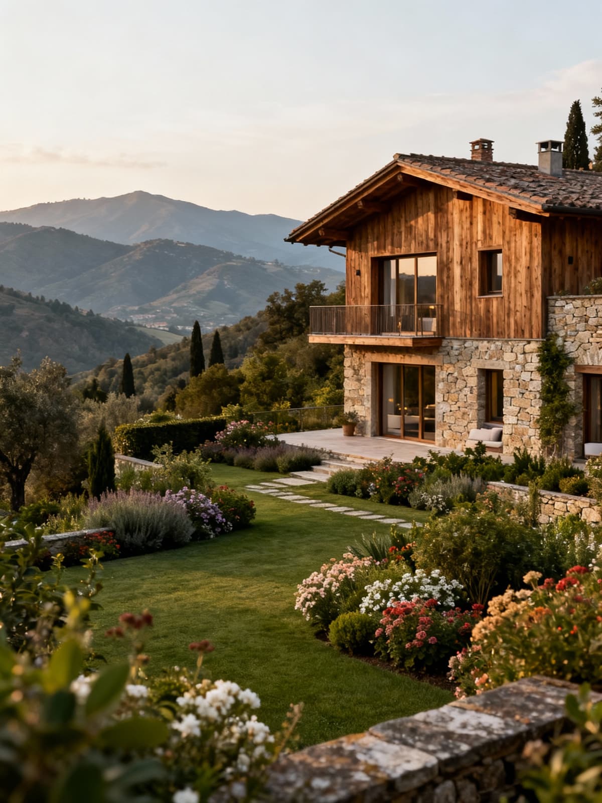 Luxury villa nestled in the Tuscan mountains, offering breathtaking scenery and surrounded by lush gardens and vibrant flora.