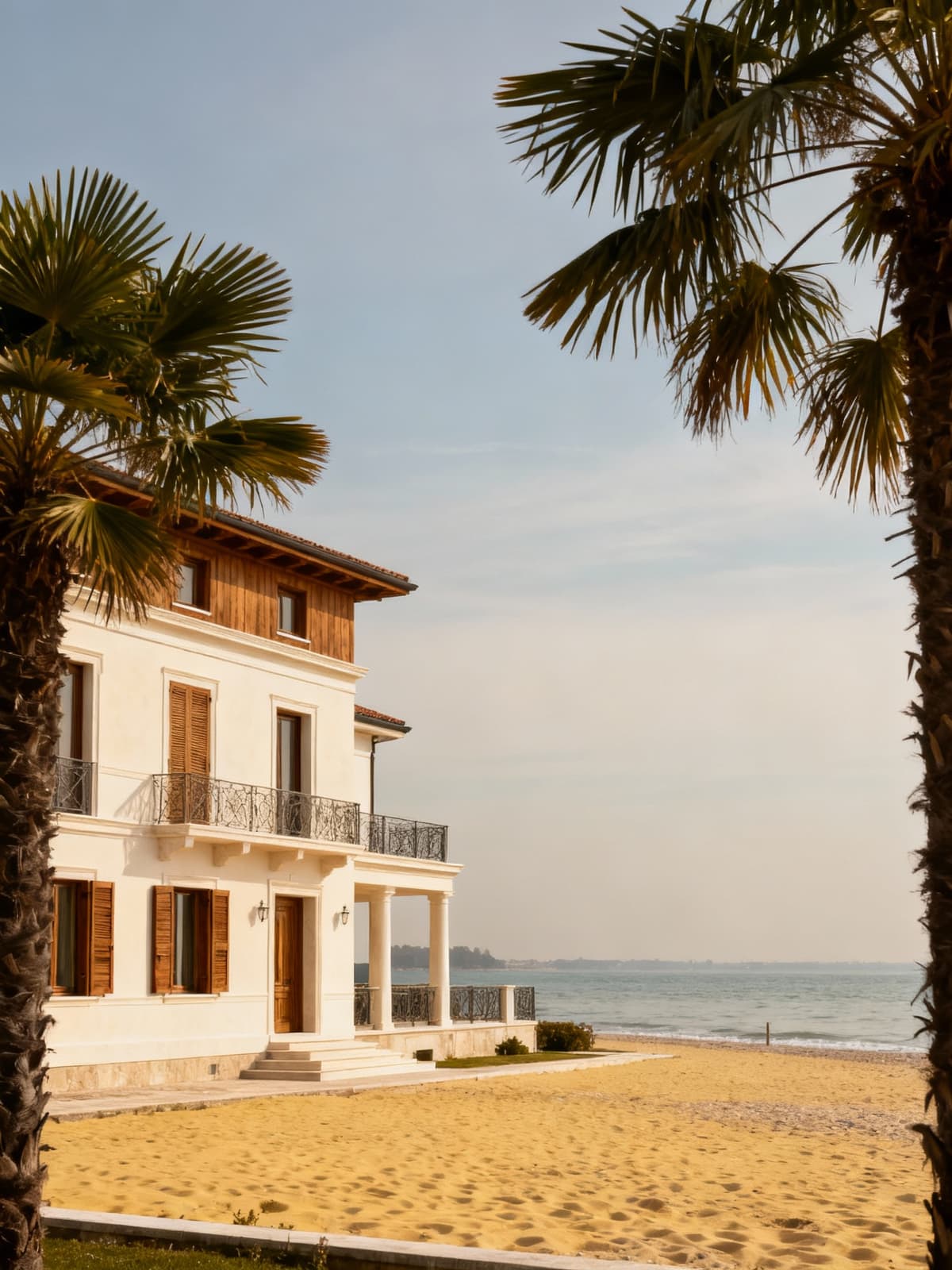 Exclusive villas on the Veneto coast overlooking golden beaches, framed by palms and Venetian culture under a serene sky.