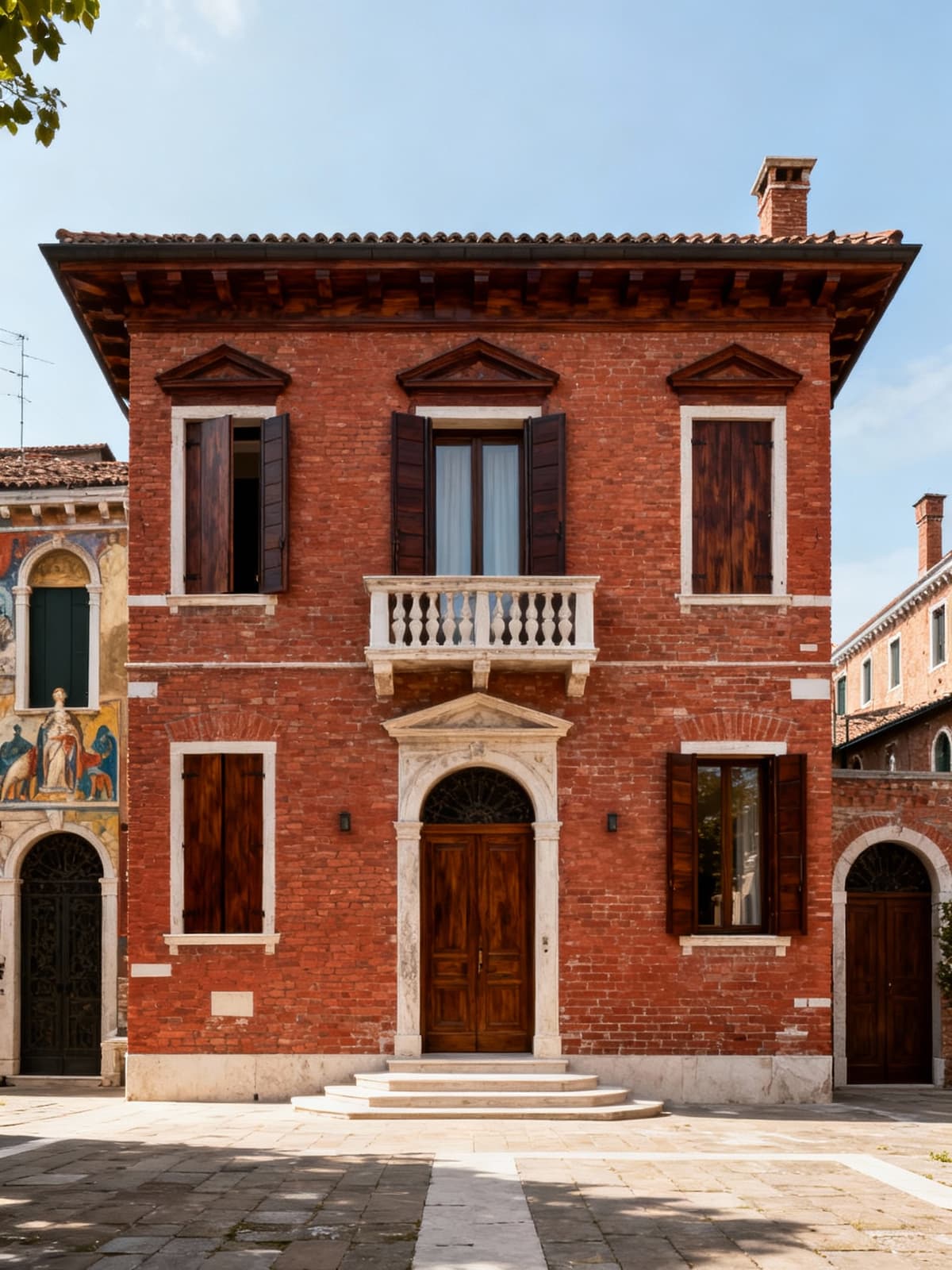 Luxury independent home in historic Veneto, featuring red brick architecture and dark wood details under a clear sky.