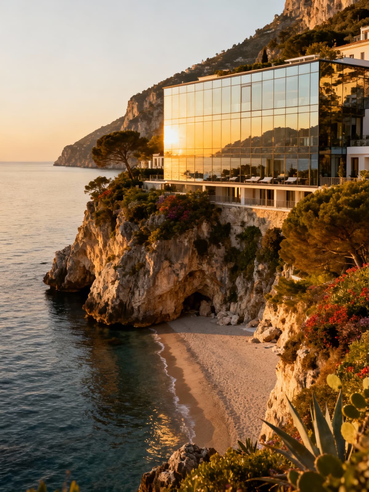 Exclusive hotels overlooking the crystal-clear waters of the Amalfi Coast, nestled among rocky cliffs and golden evening light.