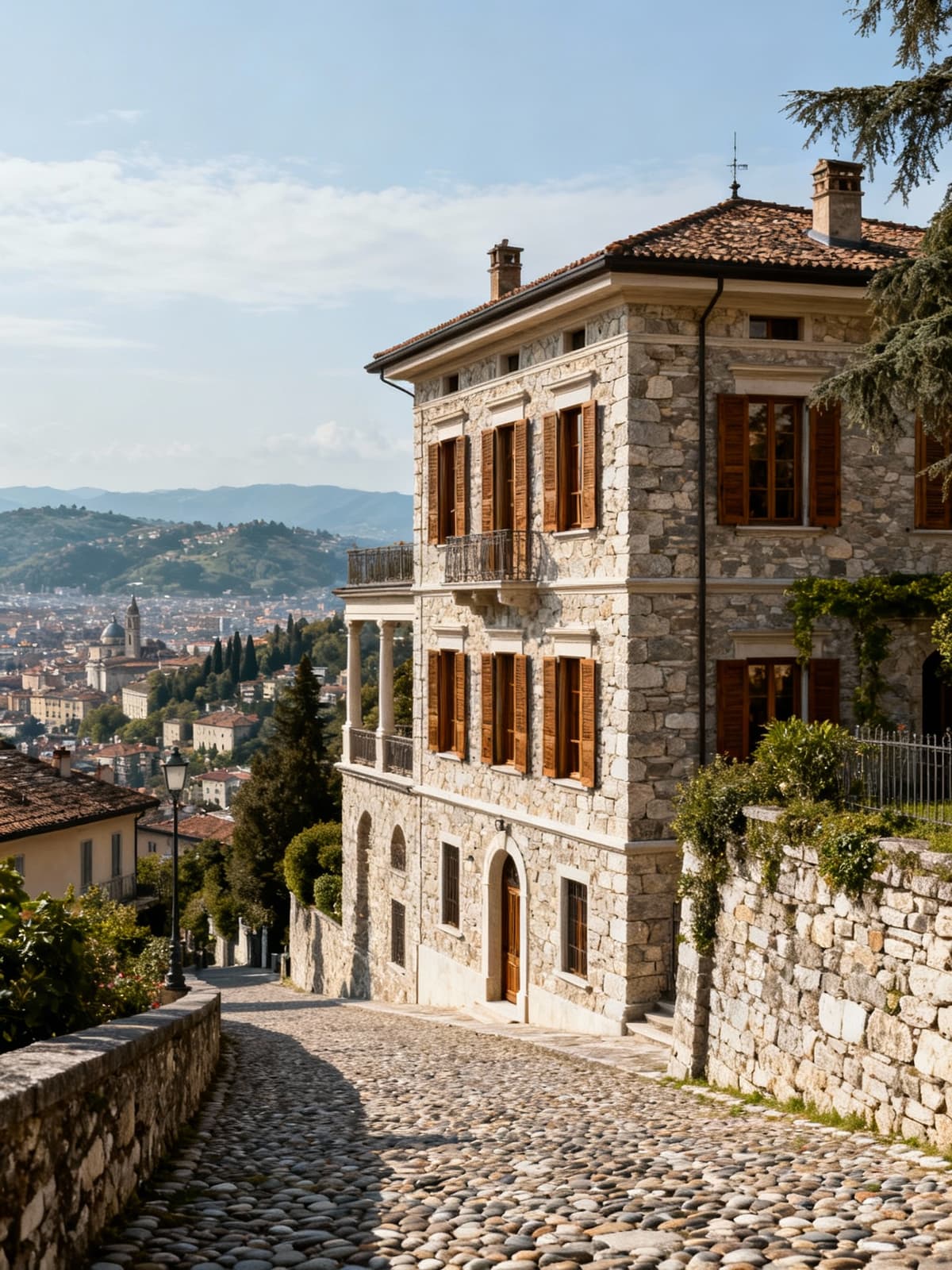 Elegant villa in historic Bergamo, showcasing local stone facades and large wooden windows amidst cobblestone streets, exuding Lombard culture.
