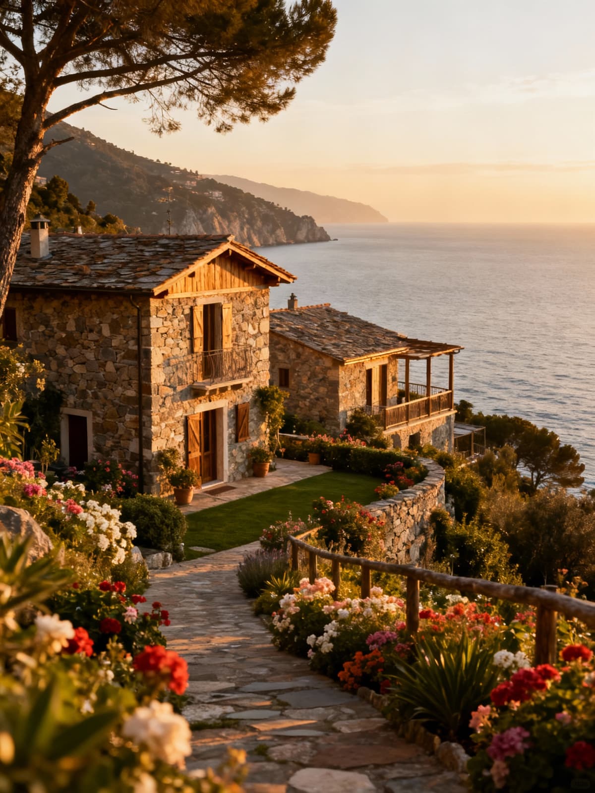 Rustic villas overlooking the Ligurian Sea, surrounded by blooming gardens and bathed in warm morning light.