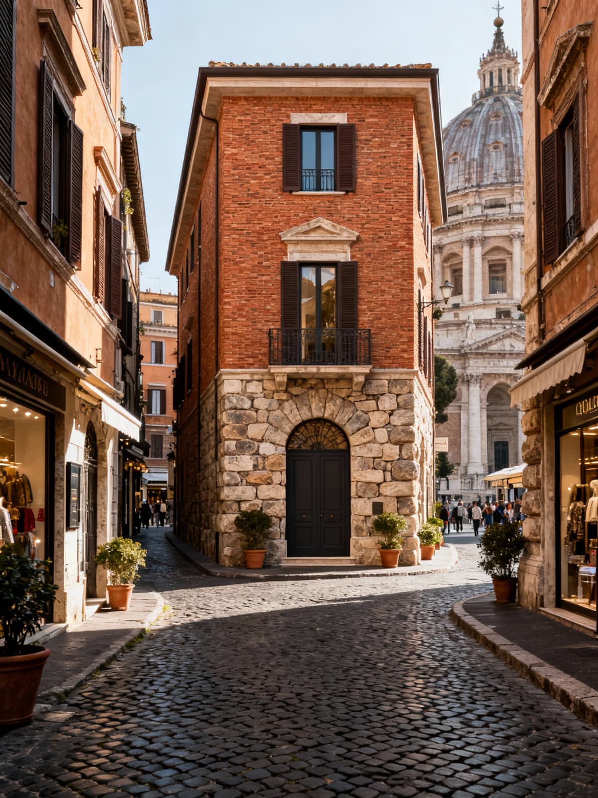 Case indipendenti di lusso nel centro storico di Roma, circondate da strade acciottolate e monumenti, con dettagli architettonici unici.