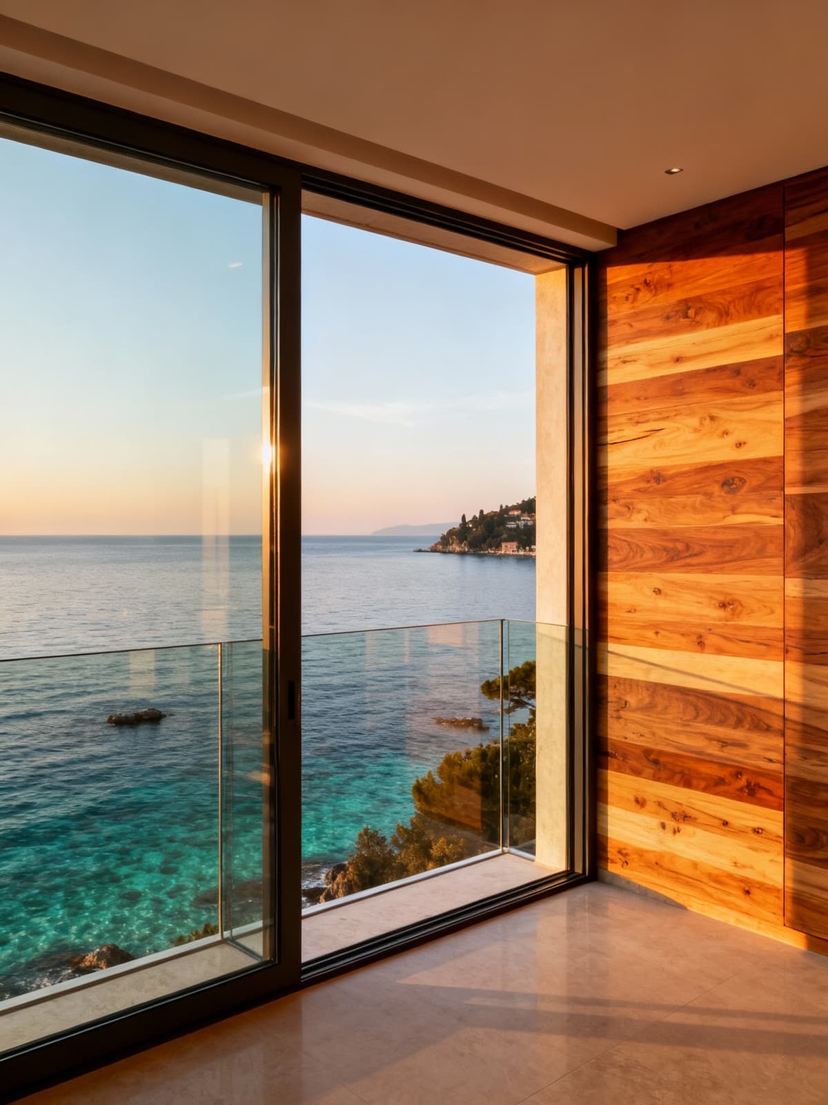 Exclusive seaside apartment in Santa Margherita Ligure, showcasing large windows, elegant wood and glass finishes, and warm afternoon light.